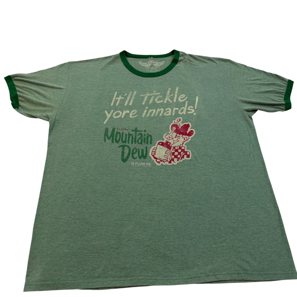 Mountain Dew Ringer Tee XL Green Retro Hillbilly Mascot Tickle Yore Innards Tee